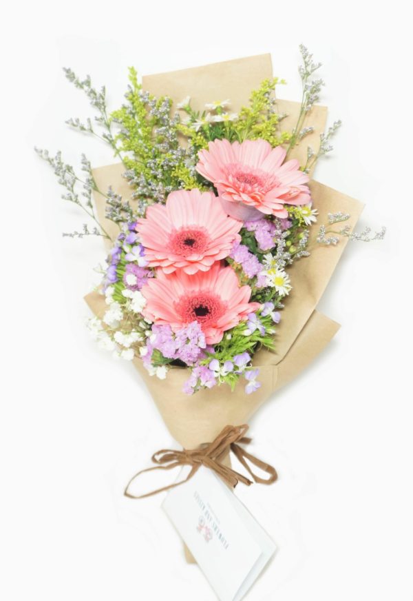 Delicate bouquet of 3 gerberas, wildflowers mix