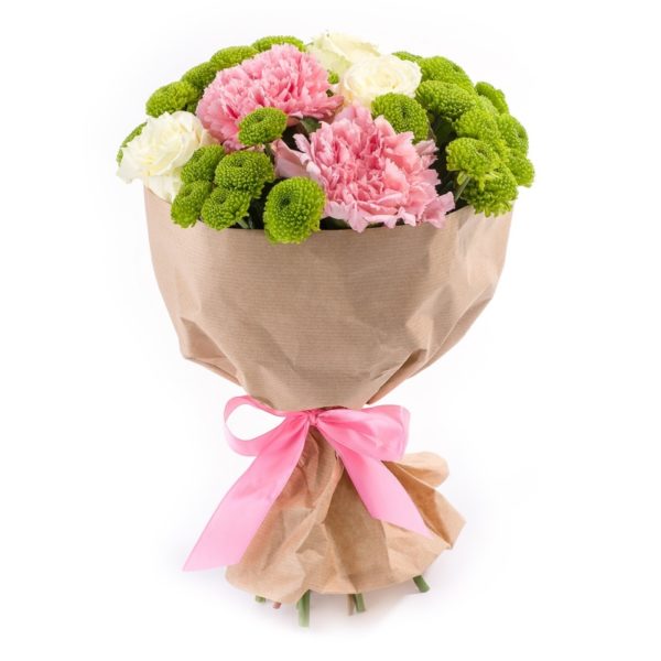 This delicate bouquet contains roses, chrysanthemums and carnations. In a bouquet there may be substitutions for varieties and shades of flowers.