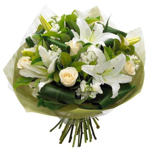 The bouquet includes oriental lilies, cream roses, matiola